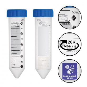 ProSeries™ High-Performance Centrifuge Tubes with FreezeTech™ Temperature Indicator, Sterile, 50 mL, 20 Eco-Plastic Racks of 25 (500 tubes total)